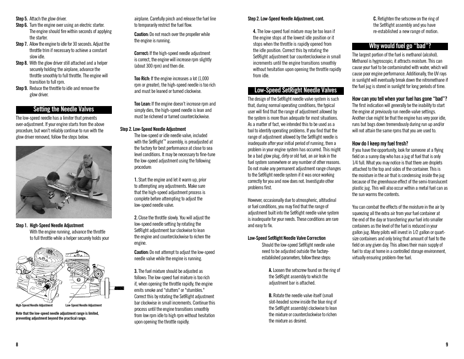 Low-speed setright needle valves, Why would fuel go “bad, Setting the needle valves | Evolution Engines 60NX User Manual | Page 5 / 8