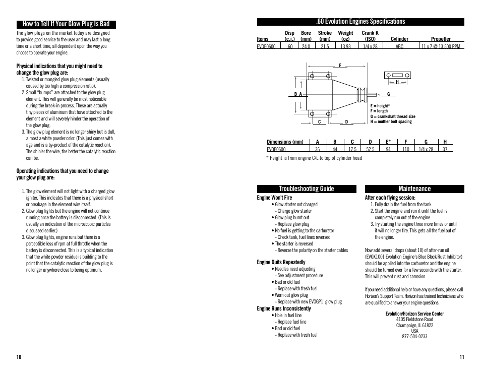 How to tell if your glow plug is bad, Troubleshooting guide, Maintenance | 60 evolution engines specifications | Evolution Engines 60NX User Manual | Page 6 / 8