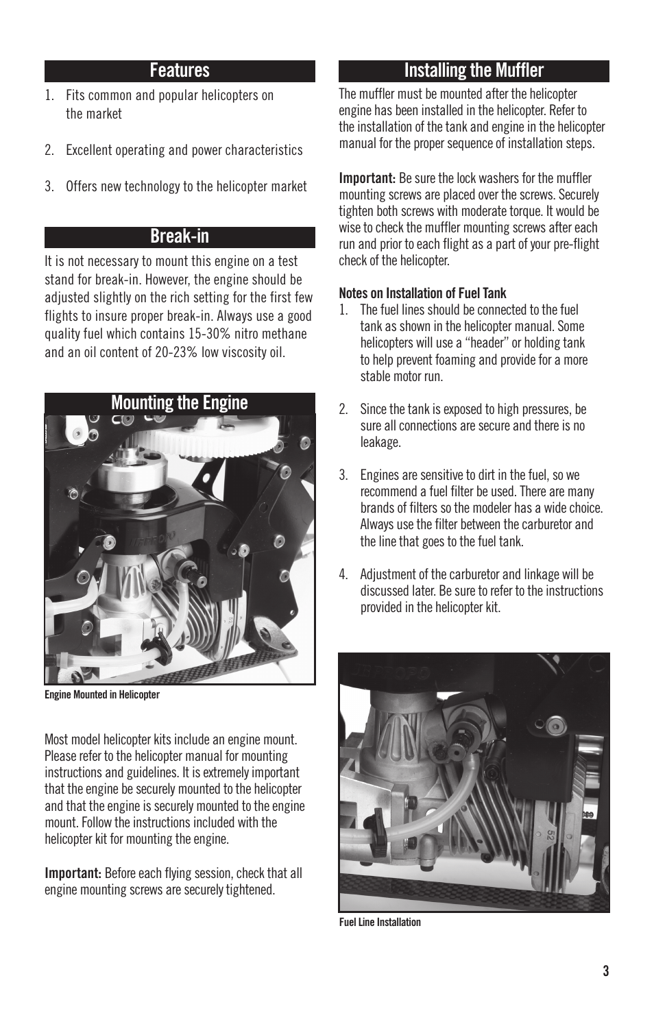 Features, Break-in, Mounting the engine | Installing the muffler | Evolution Engines 52NX User Manual | Page 3 / 12