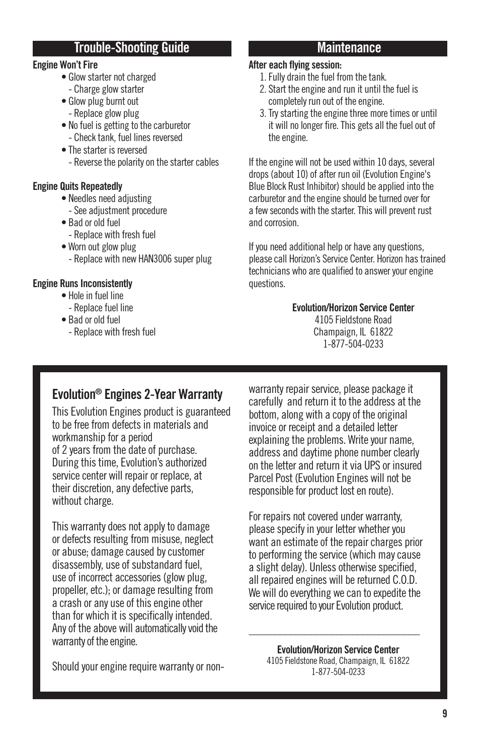 Trouble-shooting guide, Maintenance, Evolution | Engines -year warranty | Evolution Engines 52NX User Manual | Page 9 / 12