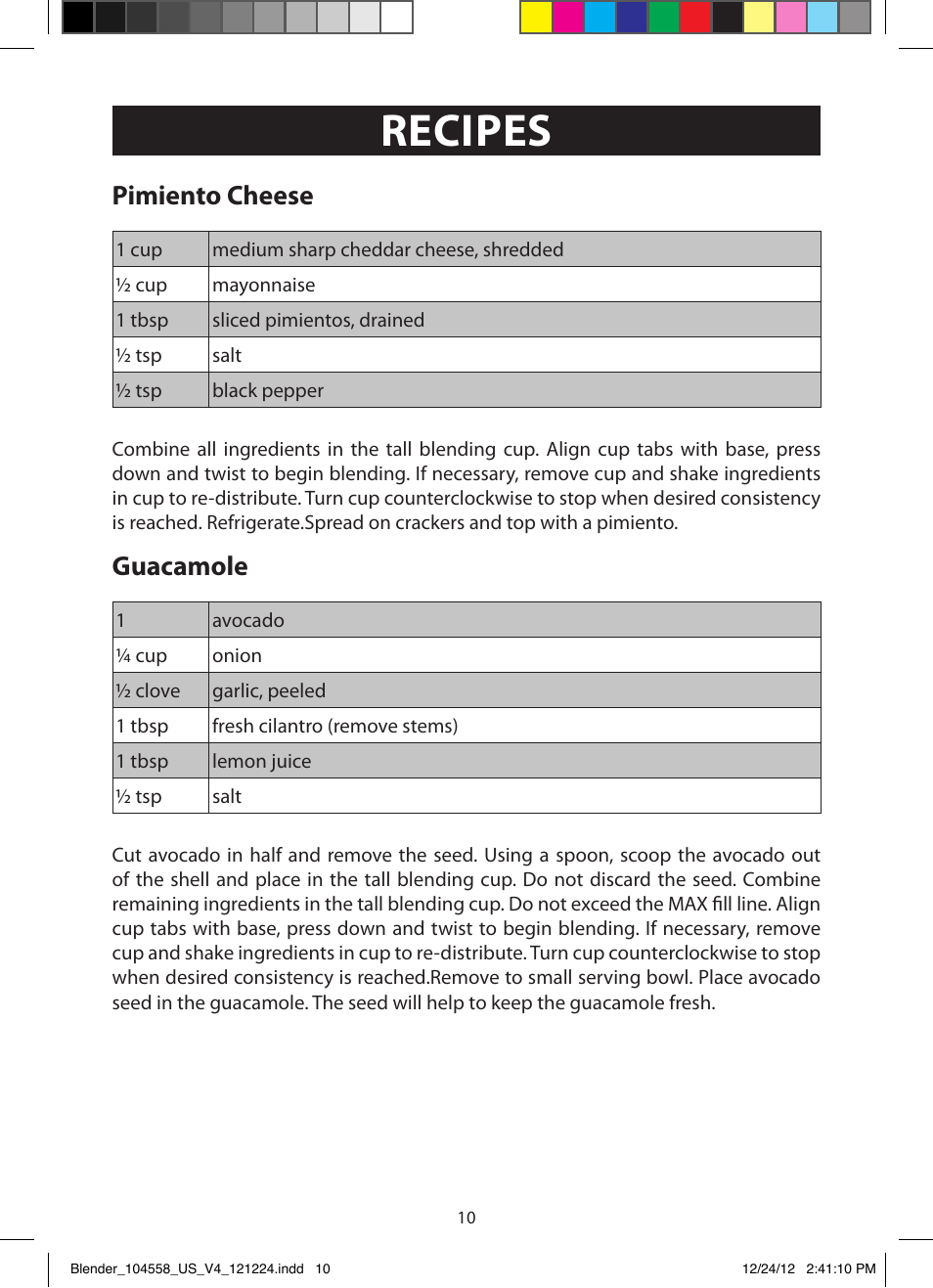 Recipes, Pimiento cheese, Guacamole | FARBERWARE 104558 17-Piece Rocket Blender User Manual | Page 10 / 19
