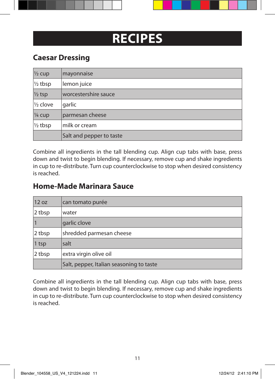 Recipes, Caesar dressing, Home-made marinara sauce | FARBERWARE 104558 17-Piece Rocket Blender User Manual | Page 11 / 19