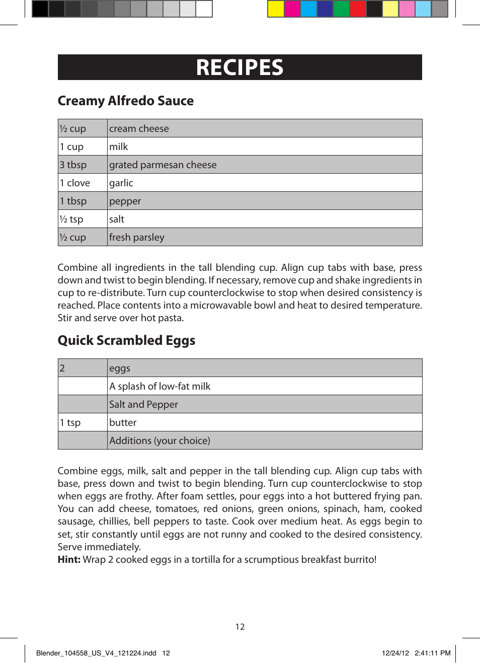 Recipes, Creamy alfredo sauce, Quick scrambled eggs | FARBERWARE 104558 17-Piece Rocket Blender User Manual | Page 12 / 19