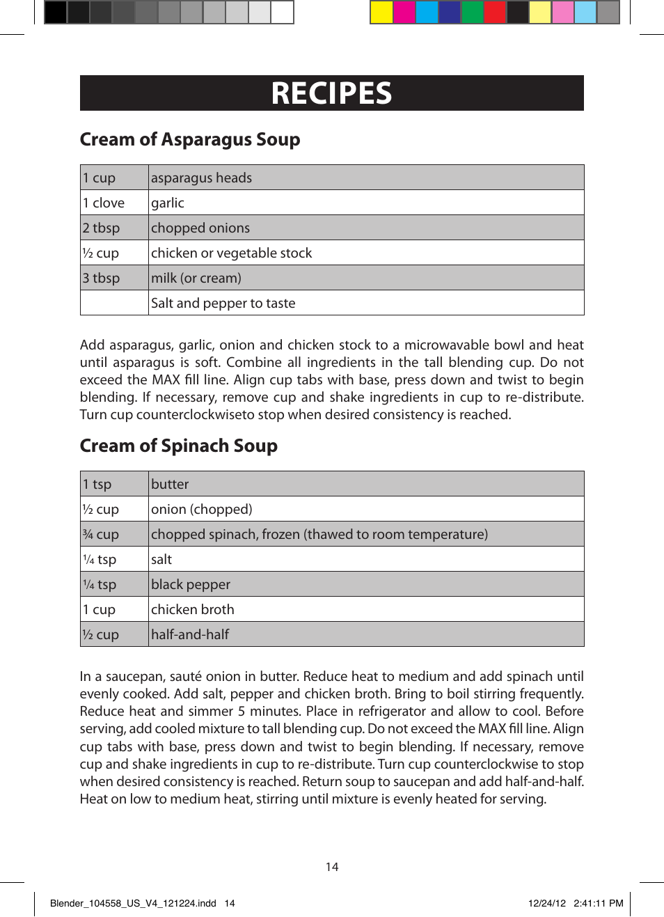 Recipes, Cream of asparagus soup, Cream of spinach soup | FARBERWARE 104558 17-Piece Rocket Blender User Manual | Page 14 / 19