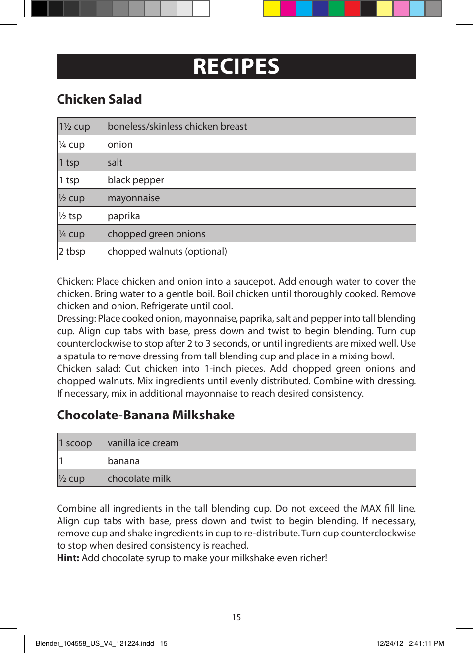 Recipes, Chicken salad, Chocolate-banana milkshake | FARBERWARE 104558 17-Piece Rocket Blender User Manual | Page 15 / 19
