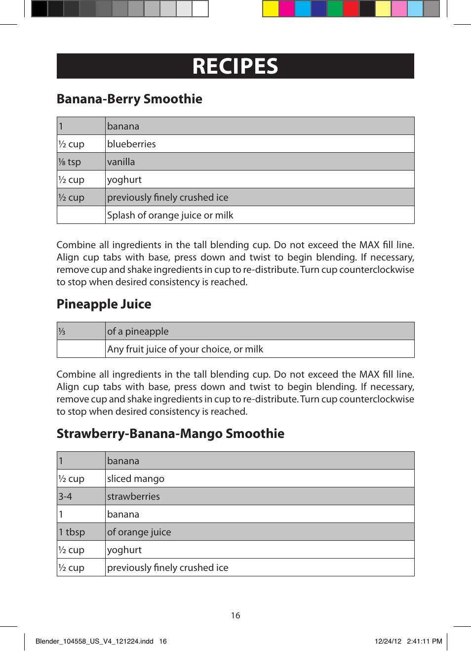 Recipes, Banana-berry smoothie, Pineapple juice | Strawberry-banana-mango smoothie | FARBERWARE 104558 17-Piece Rocket Blender User Manual | Page 16 / 19
