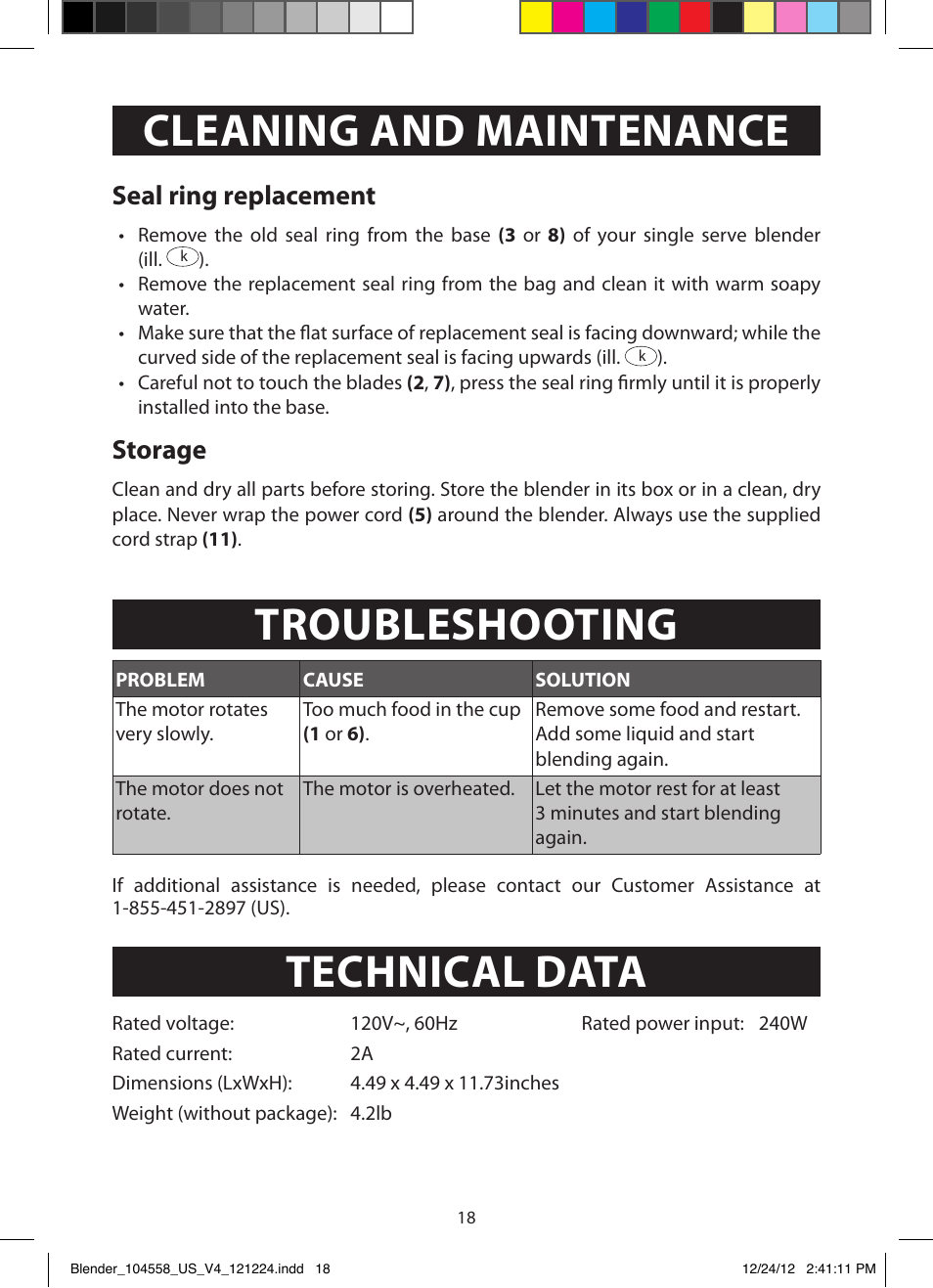 Cleaning and maintenance, Troubleshooting, Technical data | Seal ring replacement, Storage | FARBERWARE 104558 17-Piece Rocket Blender User Manual | Page 18 / 19