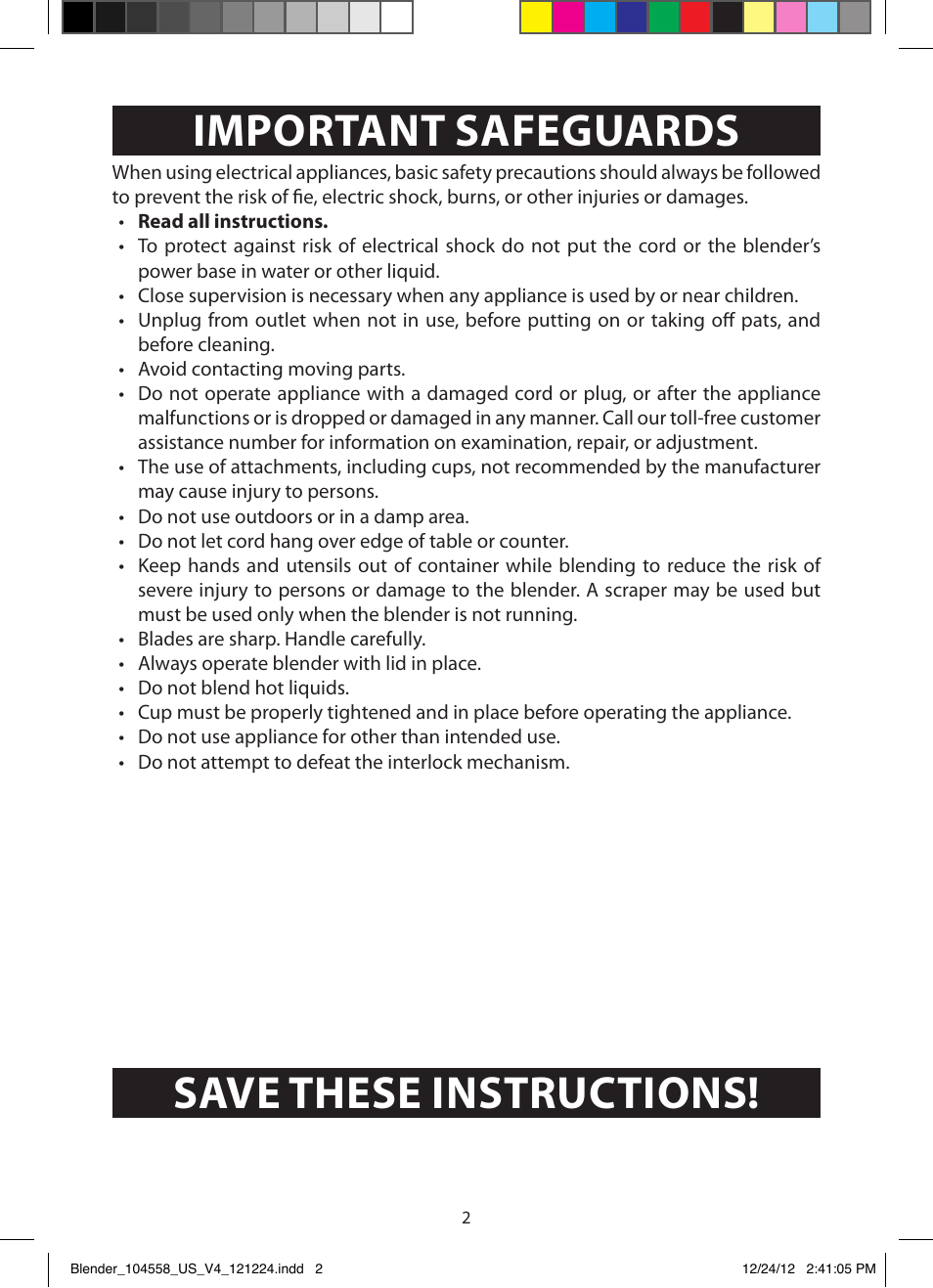 Important safeguards, Save these instructions | FARBERWARE 104558 17-Piece Rocket Blender User Manual | Page 2 / 19