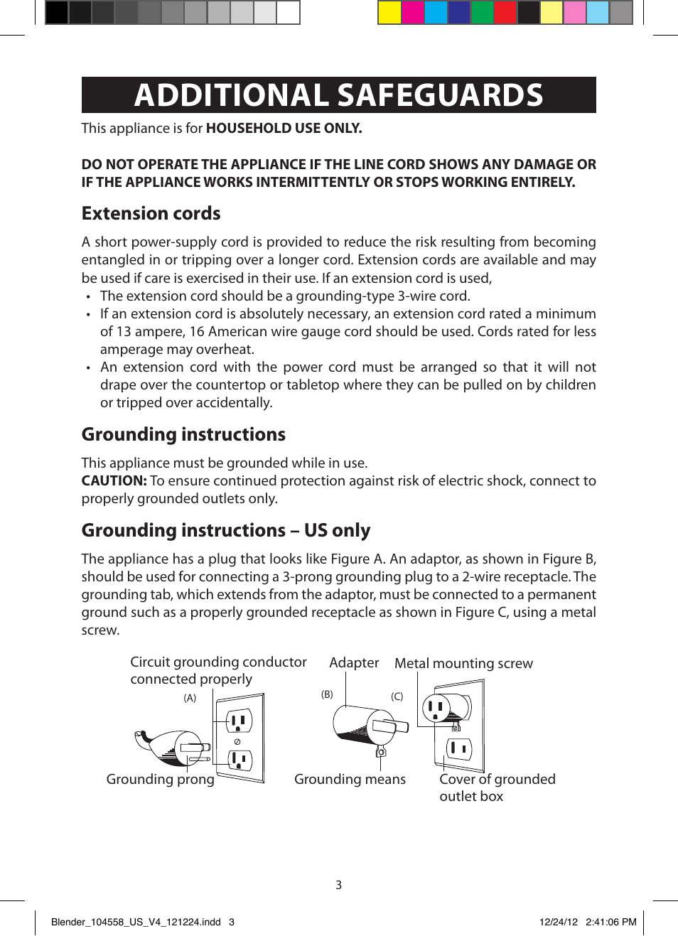 Additional safeguards, Extension cords, Grounding instructions | Grounding instructions – us only | FARBERWARE 104558 17-Piece Rocket Blender User Manual | Page 3 / 19