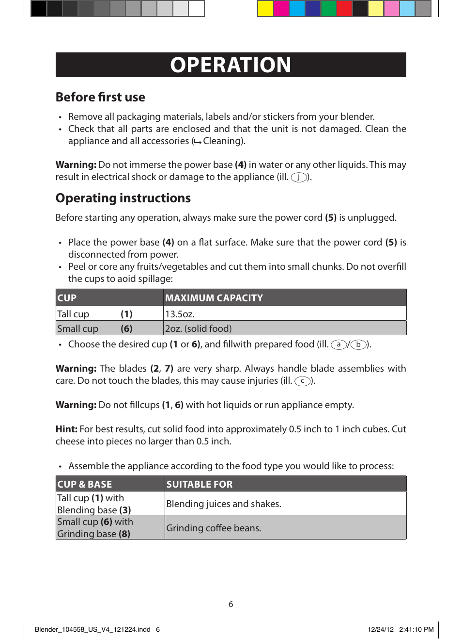 Operation, Before first use, Operating instructions | FARBERWARE 104558 17-Piece Rocket Blender User Manual | Page 6 / 19