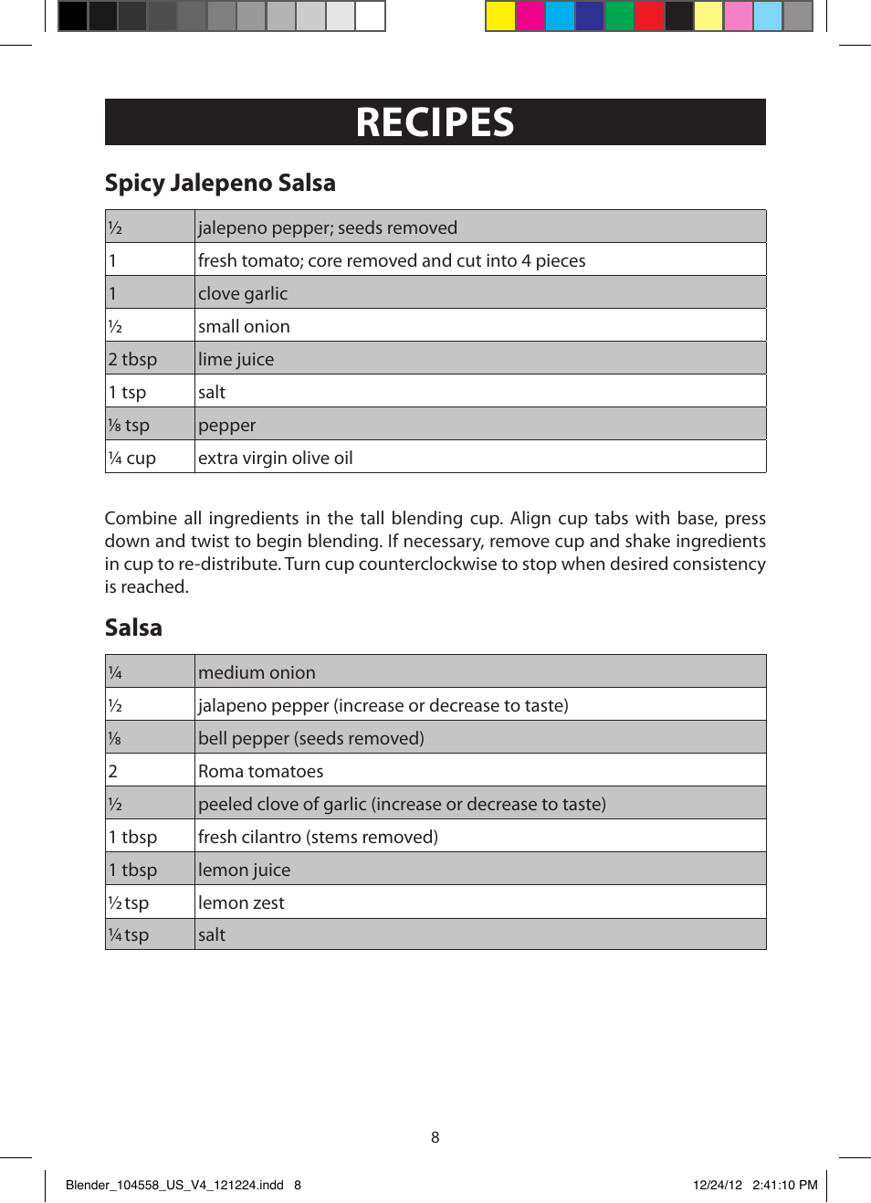 Recipes, Spicy jalepeno salsa, Salsa | FARBERWARE 104558 17-Piece Rocket Blender User Manual | Page 8 / 19