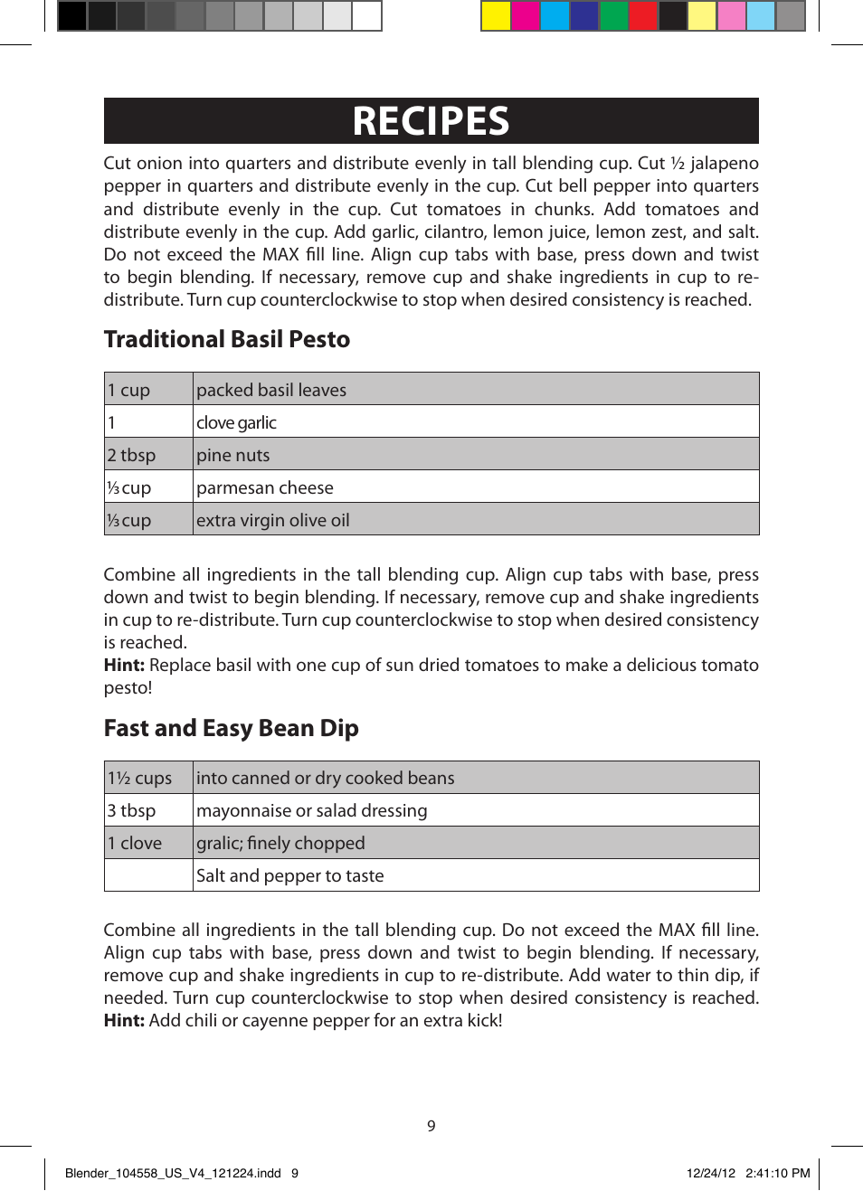 Recipes, Traditional basil pesto, Fast and easy bean dip | FARBERWARE 104558 17-Piece Rocket Blender User Manual | Page 9 / 19