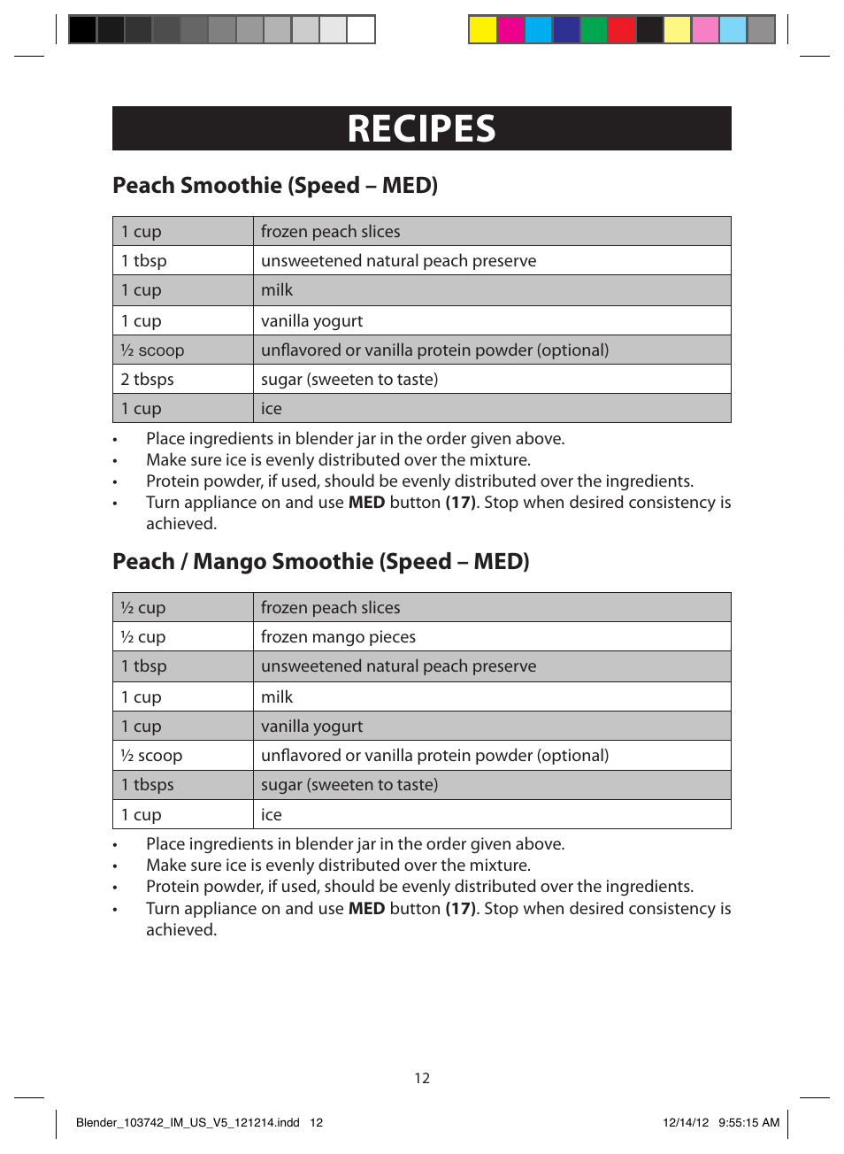 Recipes, Vanilla milk shake (speed – med), Peach smoothie (speed – med) | Peach / mango smoothie (speed – med) | FARBERWARE 103742 4-Speed Digital Blender with Single Serve Cup User Manual | Page 12 / 26