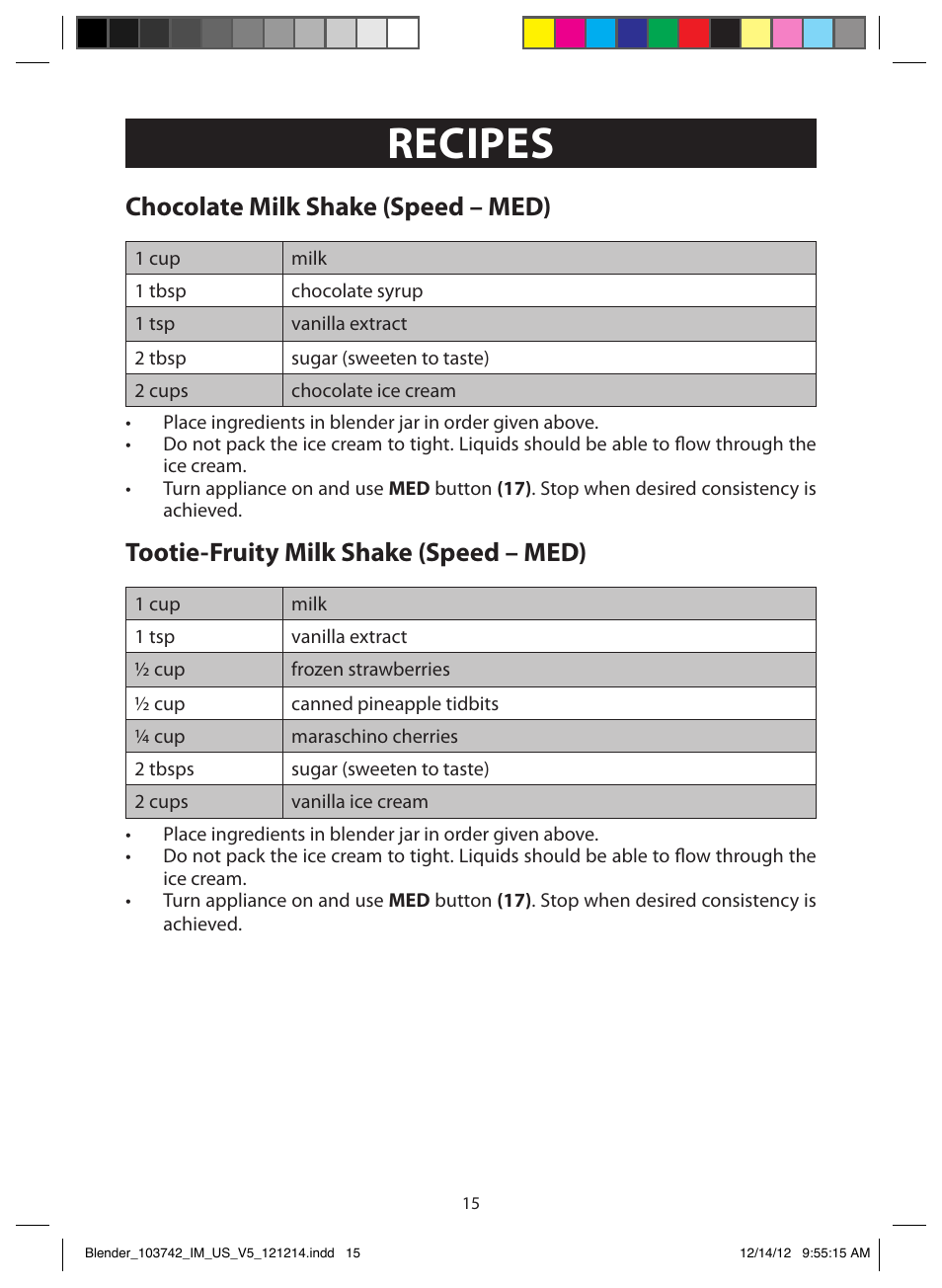 Recipes, Strawberry milk shake (speed – med), Strawberry banana milk shake (speed – med) | Chocolate milk shake (speed – med), Tootie-fruity milk shake (speed – med) | FARBERWARE 103742 4-Speed Digital Blender with Single Serve Cup User Manual | Page 15 / 26