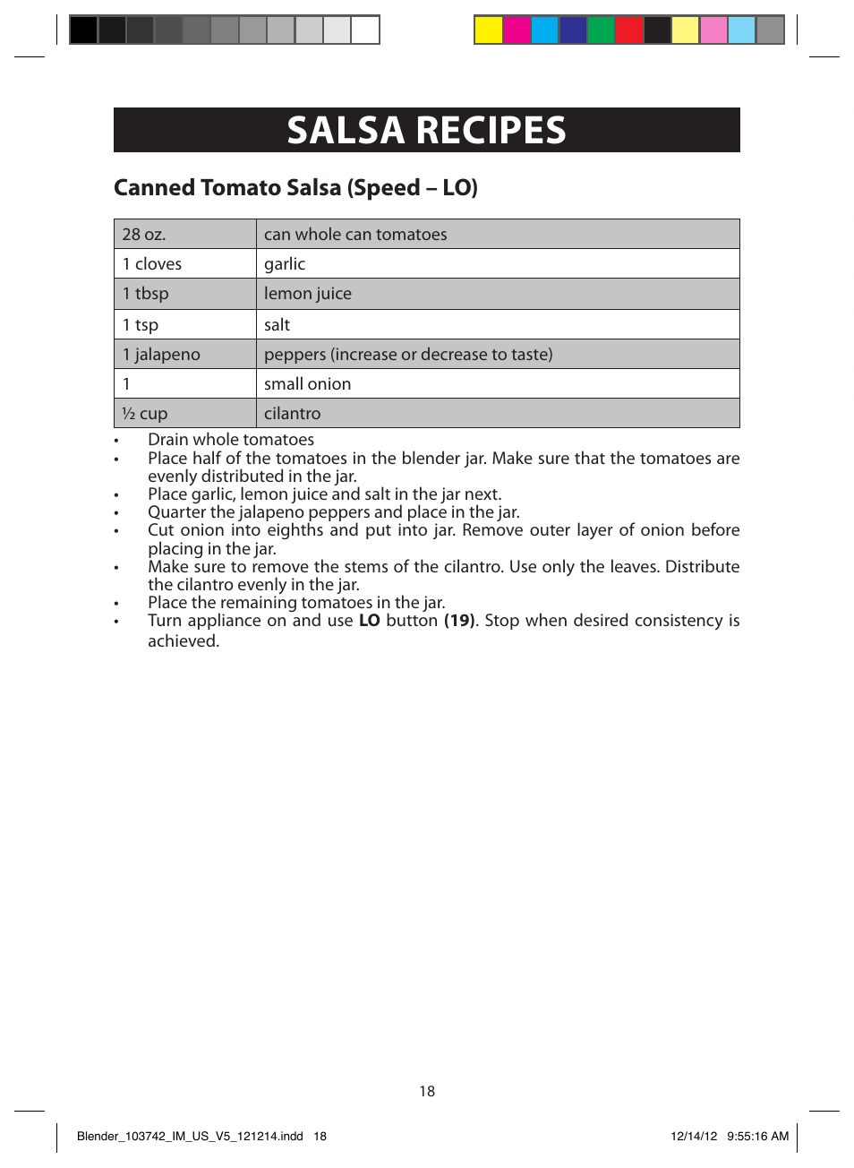 Salsa recipes, Fresh tomato salsa (speed – lo), Canned tomato salsa (speed – lo) | FARBERWARE 103742 4-Speed Digital Blender with Single Serve Cup User Manual | Page 18 / 26