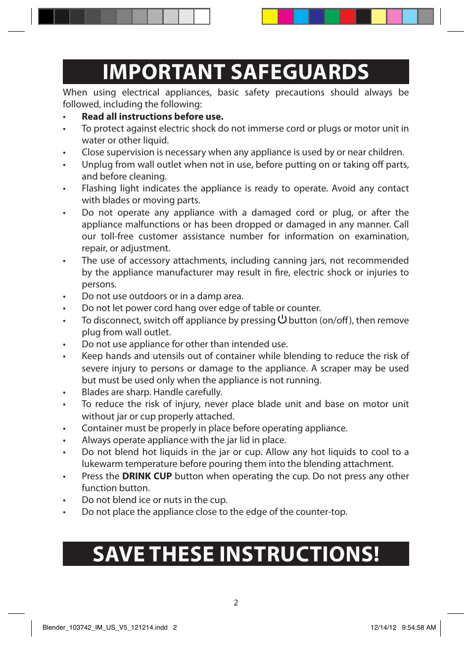 Important safeguards, Save these instructions | FARBERWARE 103742 4-Speed Digital Blender with Single Serve Cup User Manual | Page 2 / 26