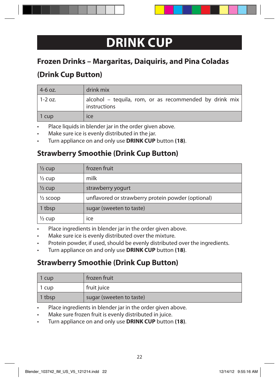 Drink cup, Strawberry smoothie (drink cup button) | FARBERWARE 103742 4-Speed Digital Blender with Single Serve Cup User Manual | Page 22 / 26