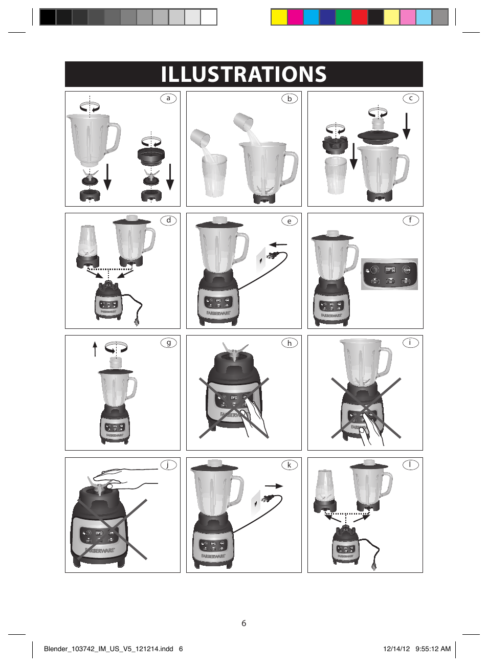 Illustrations operation, Illustrations, Before first use | Assembly | FARBERWARE 103742 4-Speed Digital Blender with Single Serve Cup User Manual | Page 6 / 26