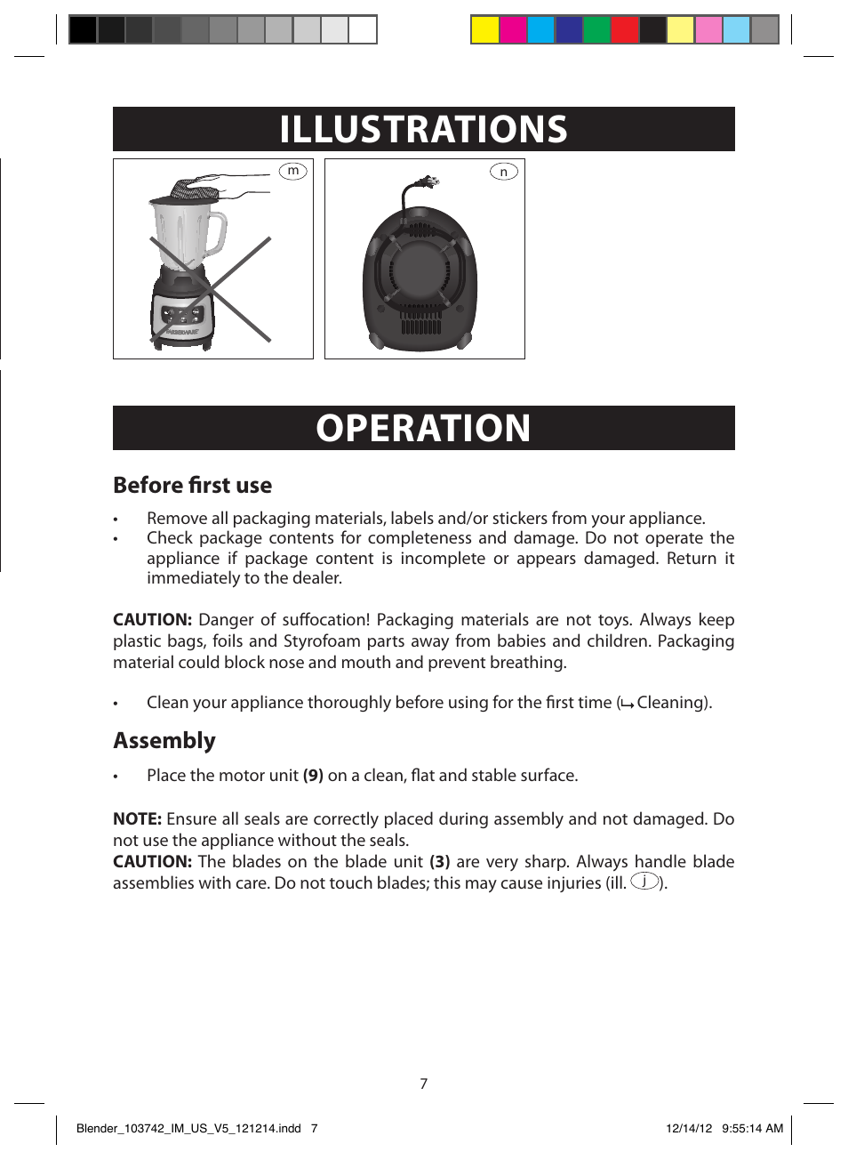 Illustrations, Operation, Before first use | Assembly | FARBERWARE 103742 4-Speed Digital Blender with Single Serve Cup User Manual | Page 7 / 26