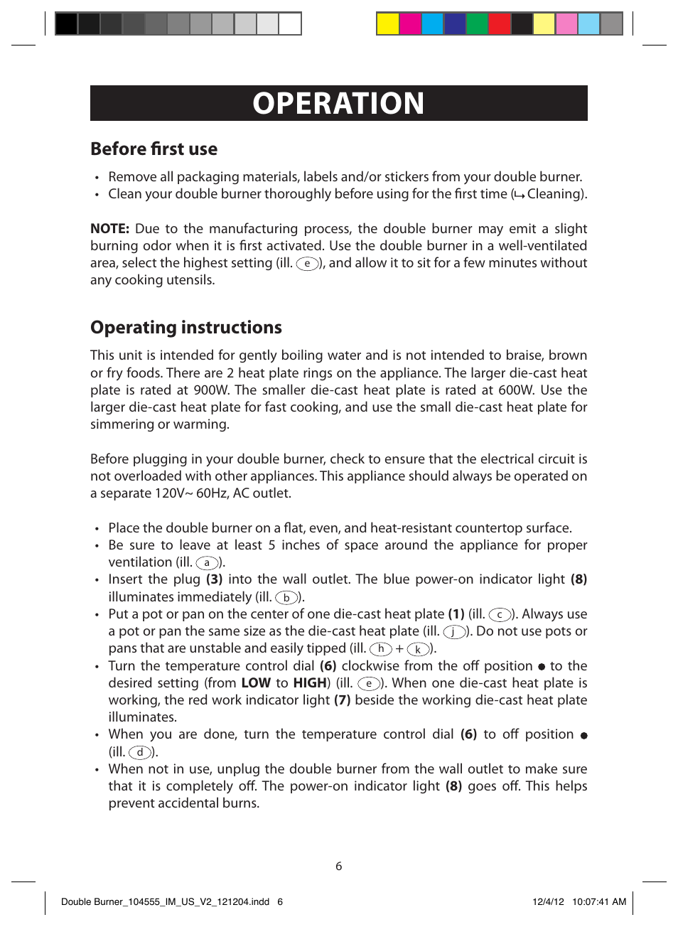 Operation, Before first use, Operating instructions | FARBERWARE 104555 Double Burner User Manual | Page 6 / 9