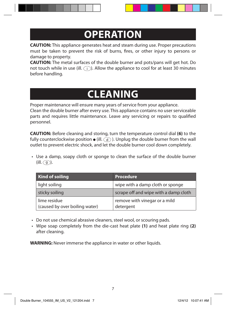 Operation, Cleaning, Before first use | Operating instructions | FARBERWARE 104555 Double Burner User Manual | Page 7 / 9
