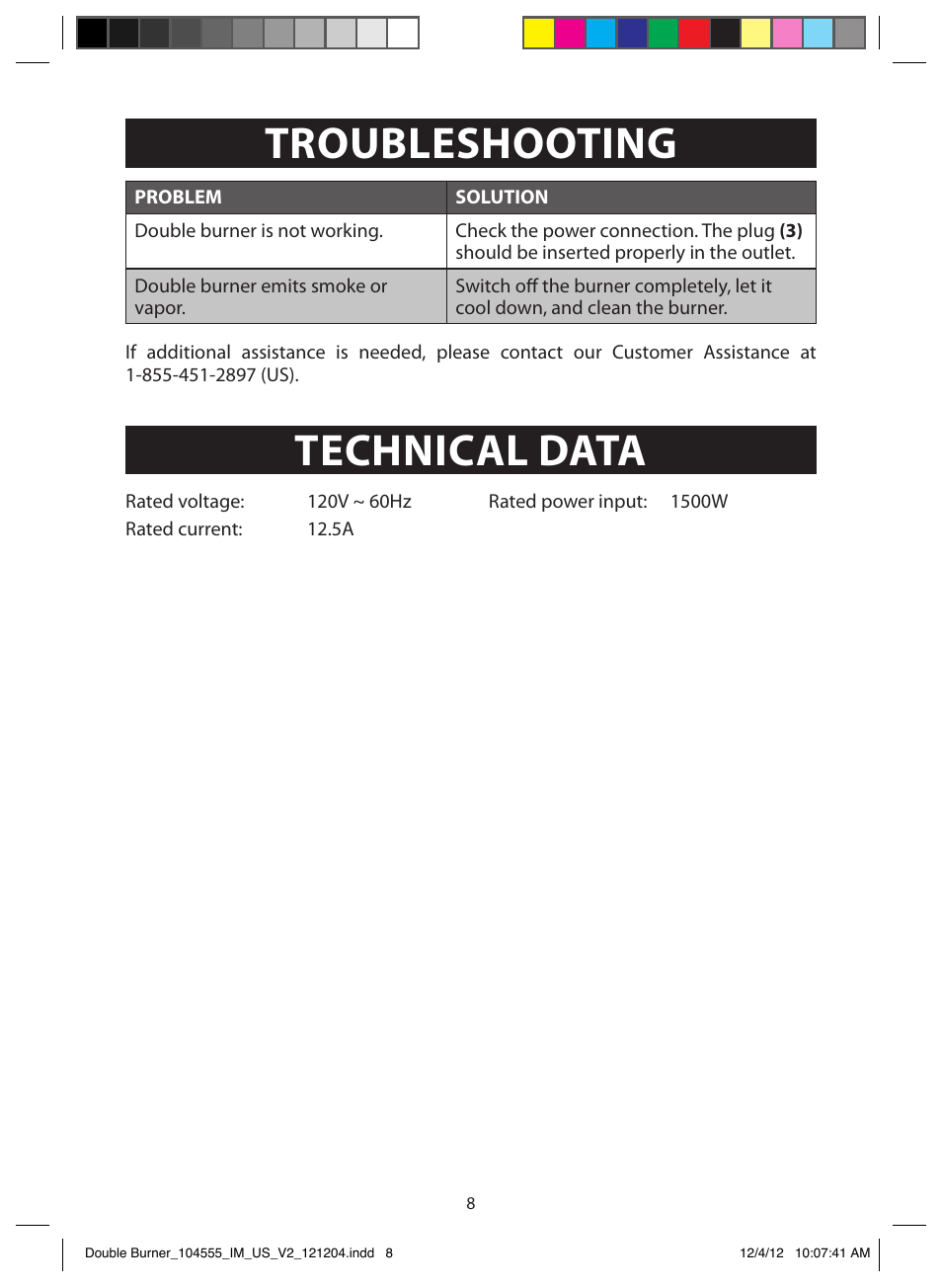 Customer assistance, Troubleshooting, Technical data | FARBERWARE 104555 Double Burner User Manual | Page 8 / 9