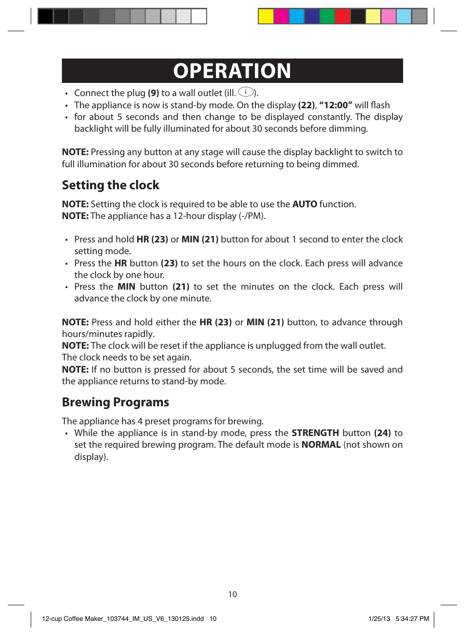 Operation, Setting the clock, Brewing programs | FARBERWARE 103744 12 Cup Coffee Maker User Manual | Page 10 / 19
