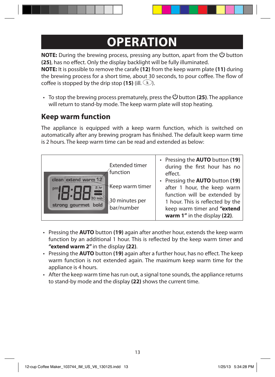 Operation, Keep warm function | FARBERWARE 103744 12 Cup Coffee Maker User Manual | Page 13 / 19