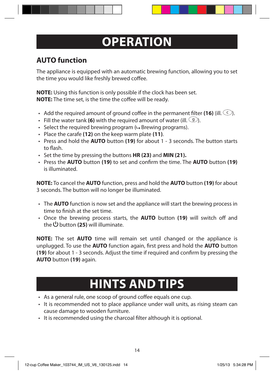 Operation, Hints and tips, Auto function | FARBERWARE 103744 12 Cup Coffee Maker User Manual | Page 14 / 19