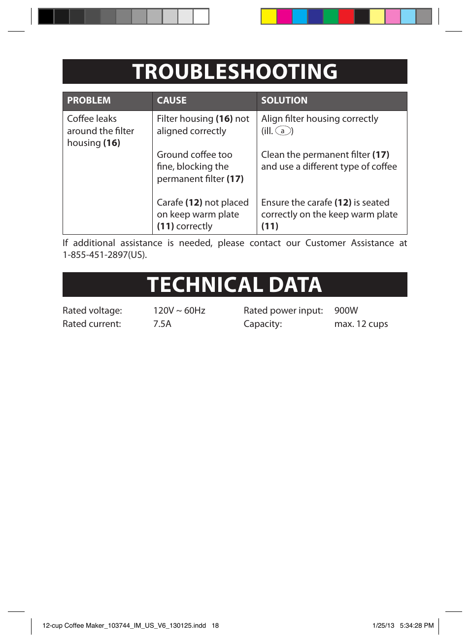 Customer assistance, Troubleshooting, Technical data | FARBERWARE 103744 12 Cup Coffee Maker User Manual | Page 18 / 19