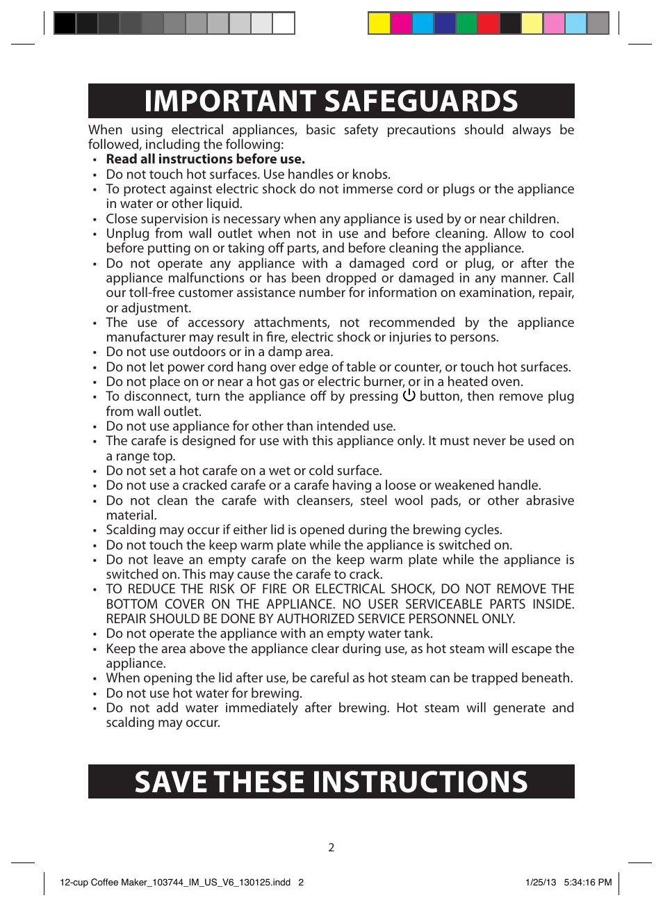 Save these instructions important safeguards | FARBERWARE 103744 12 Cup Coffee Maker User Manual | Page 2 / 19