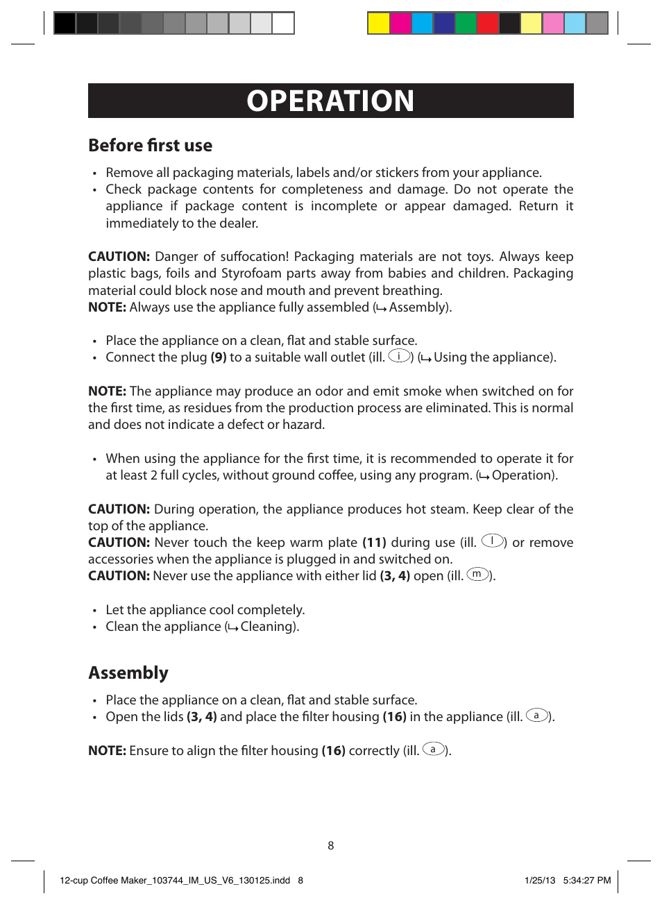 Operation, Before first use, Assembly | FARBERWARE 103744 12 Cup Coffee Maker User Manual | Page 8 / 19