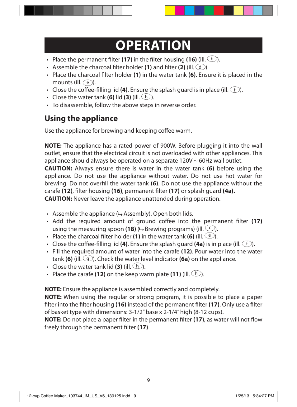 Operation, Using the appliance | FARBERWARE 103744 12 Cup Coffee Maker User Manual | Page 9 / 19