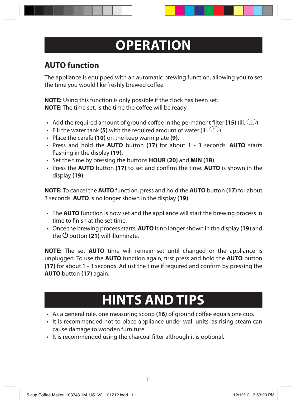 Operation, Hints and tips, Auto function | FARBERWARE 103743 5 Cup Coffee Maker User Manual | Page 11 / 15