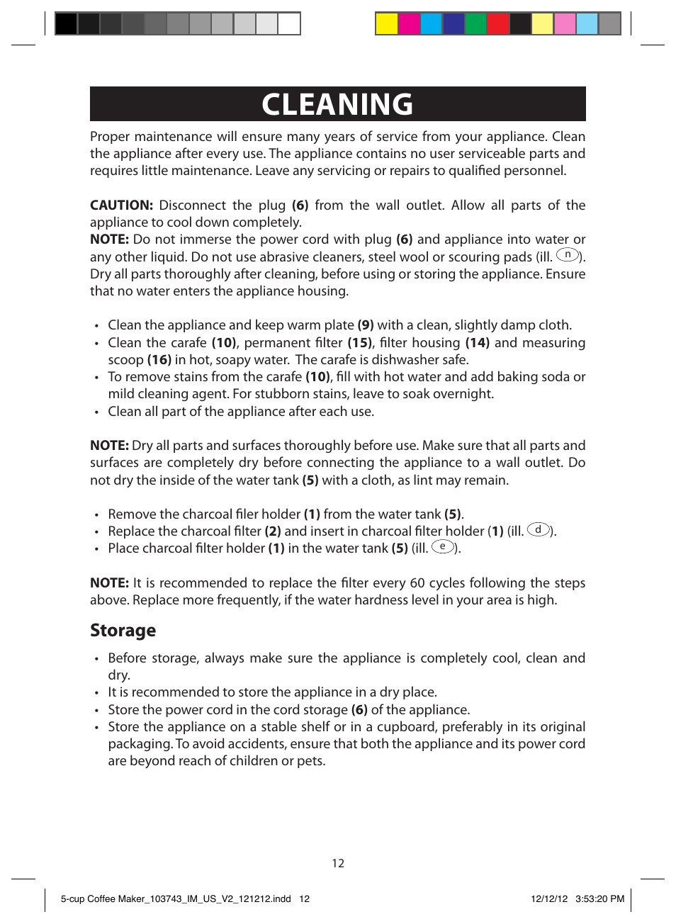 Cleaning, Storage | FARBERWARE 103743 5 Cup Coffee Maker User Manual | Page 12 / 15