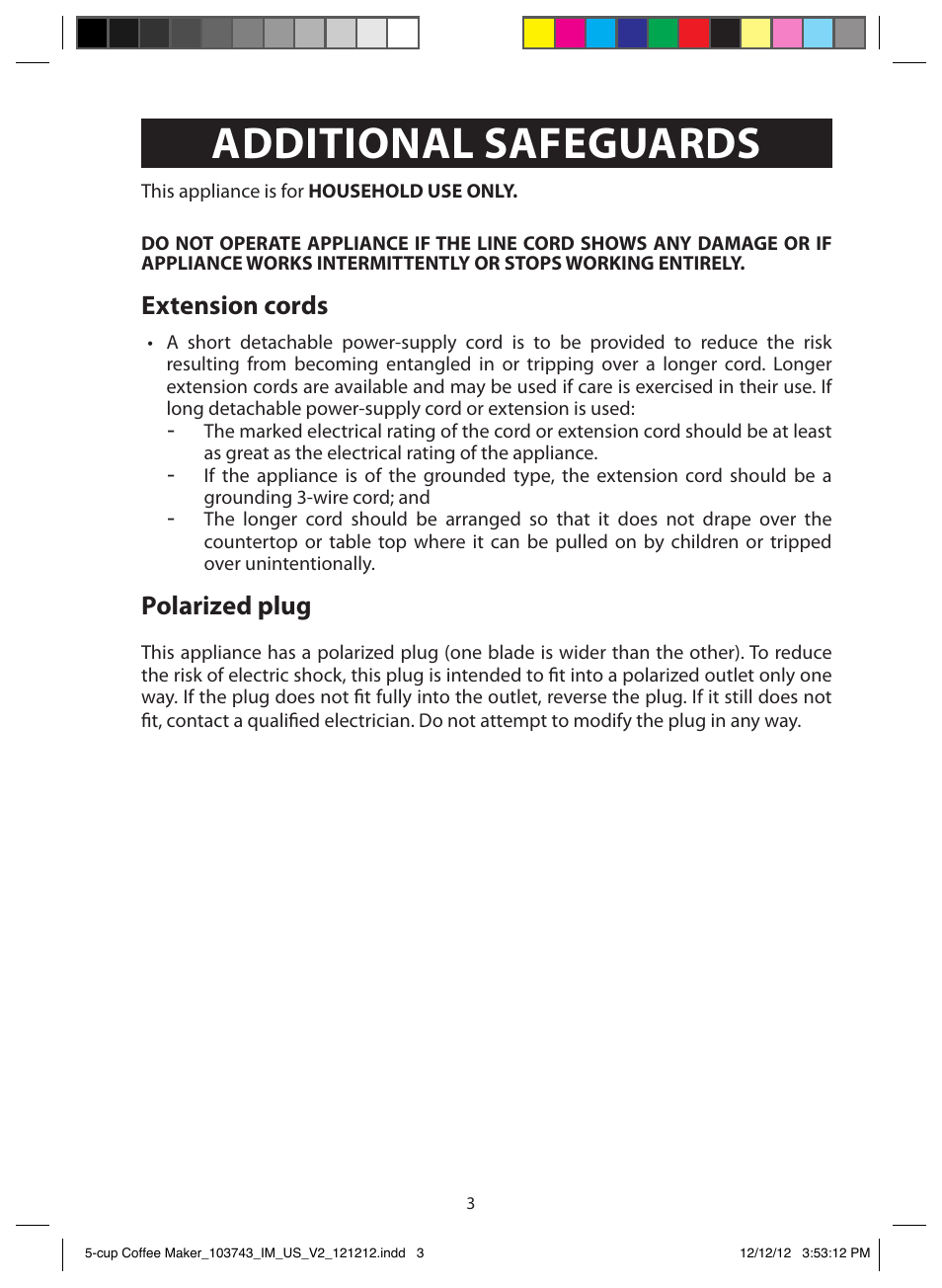 Additional safeguards, Extension cords, Polarized plug | FARBERWARE 103743 5 Cup Coffee Maker User Manual | Page 3 / 15