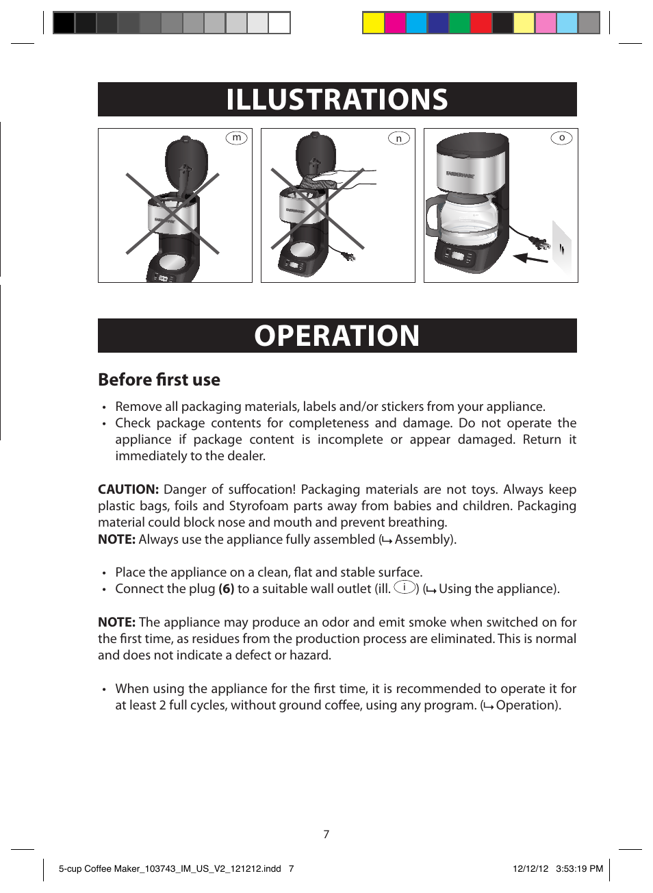 Illustrations, Operation, Before first use | FARBERWARE 103743 5 Cup Coffee Maker User Manual | Page 7 / 15