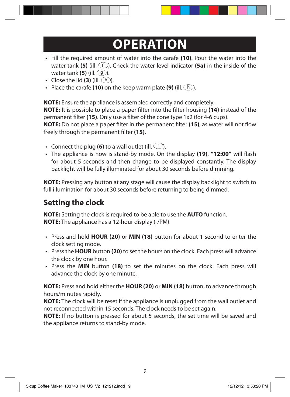 Operation, Setting the clock | FARBERWARE 103743 5 Cup Coffee Maker User Manual | Page 9 / 15