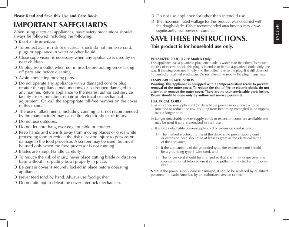 Important safeguards, Save these instructions | FARBERWARE FP3000FBS 12-Cup Food Processor User Manual | Page 2 / 15