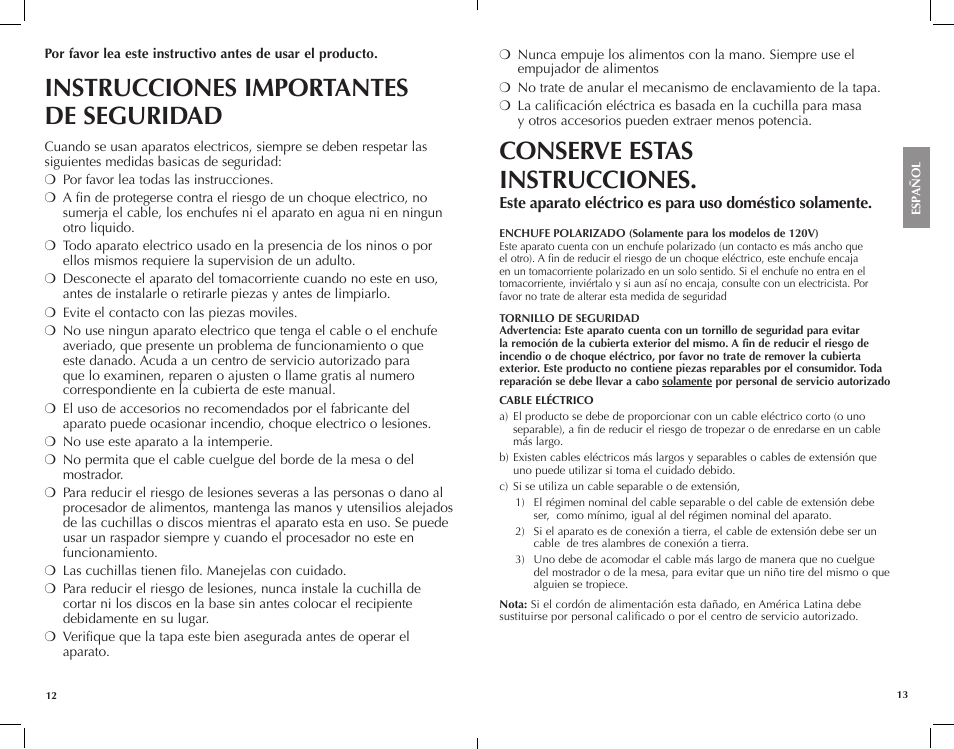 Instrucciones importantes de seguridad, Conserve estas instrucciones | FARBERWARE FP3000FBS 12-Cup Food Processor User Manual | Page 7 / 15
