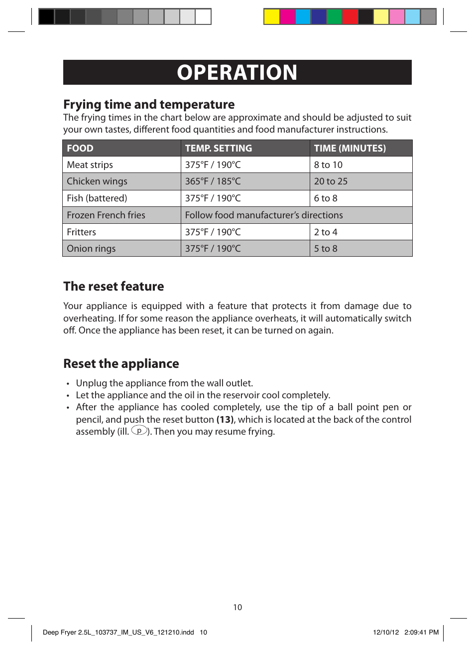 Operation, Frying time and temperature, The reset feature | Reset the appliance | FARBERWARE 103737 2.5L Dual Deep Fryer User Manual | Page 10 / 15