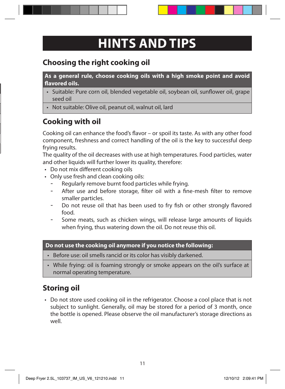 Operation, Hints and tips, Frying time and temperature | The reset feature, Reset the appliance, Choosing the right cooking oil, Cooking with oil, Storing oil | FARBERWARE 103737 2.5L Dual Deep Fryer User Manual | Page 11 / 15