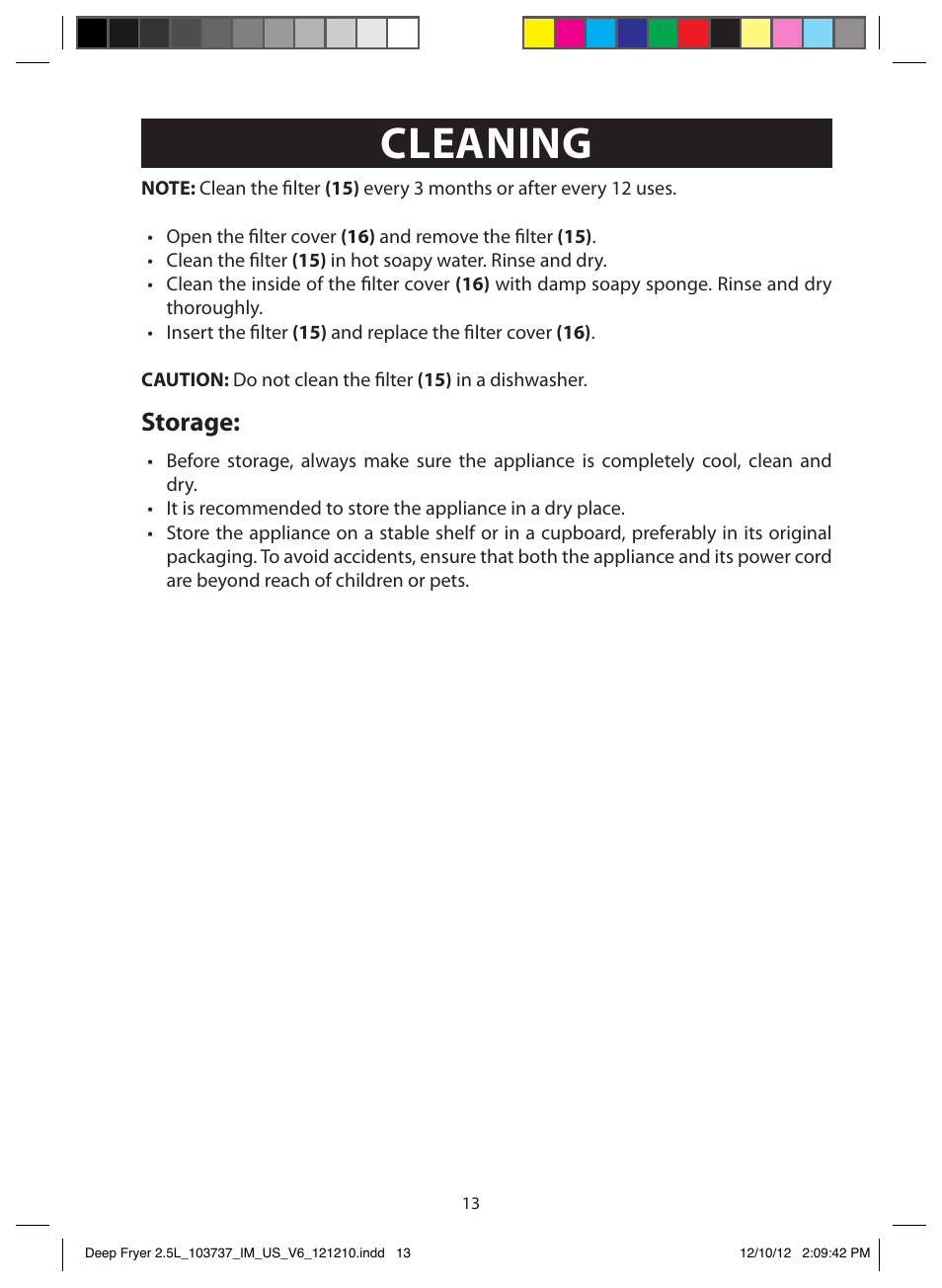 Cleaning, Storage | FARBERWARE 103737 2.5L Dual Deep Fryer User Manual | Page 13 / 15