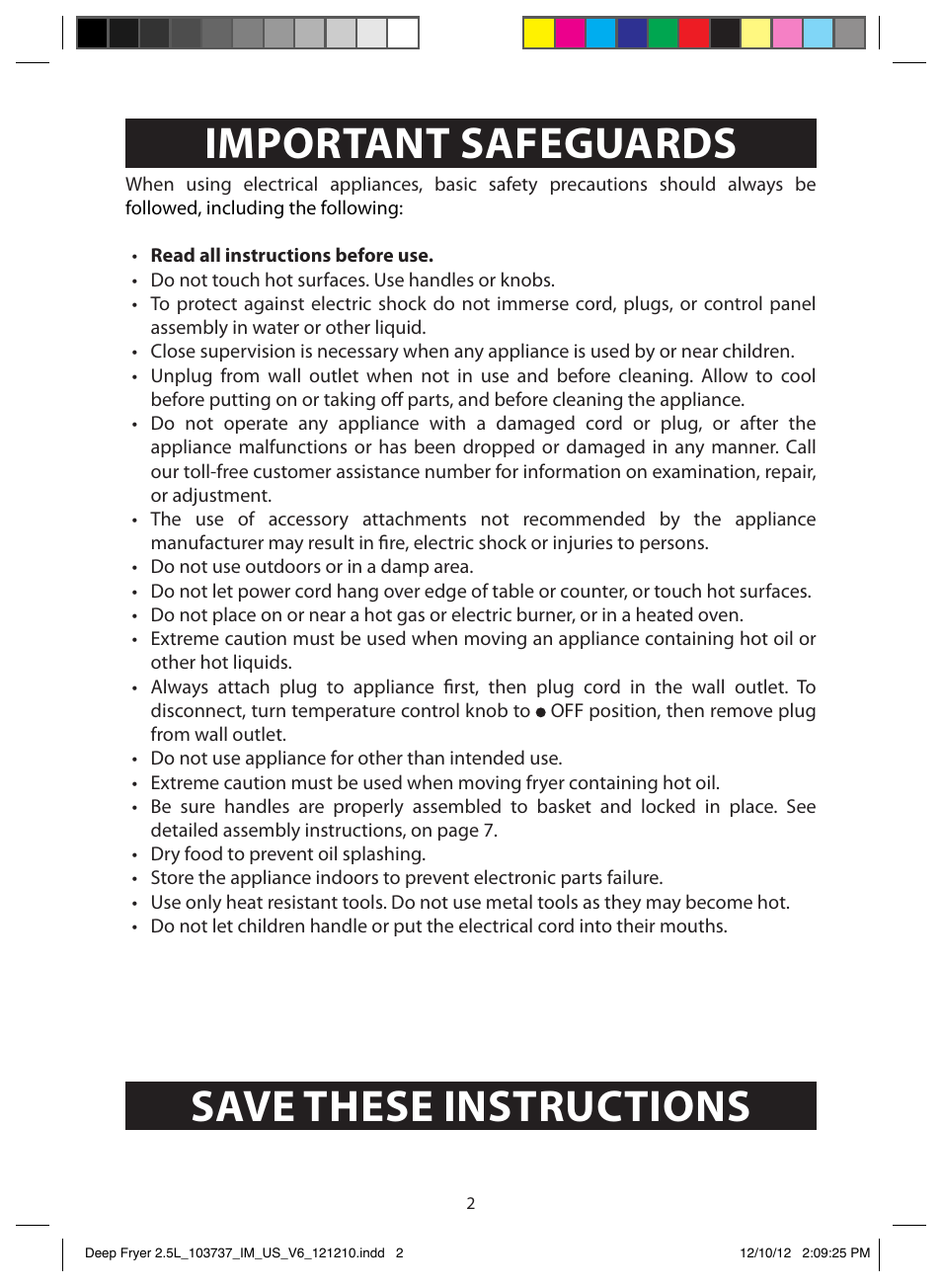 Important safeguards save these instructions | FARBERWARE 103737 2.5L Dual Deep Fryer User Manual | Page 2 / 15