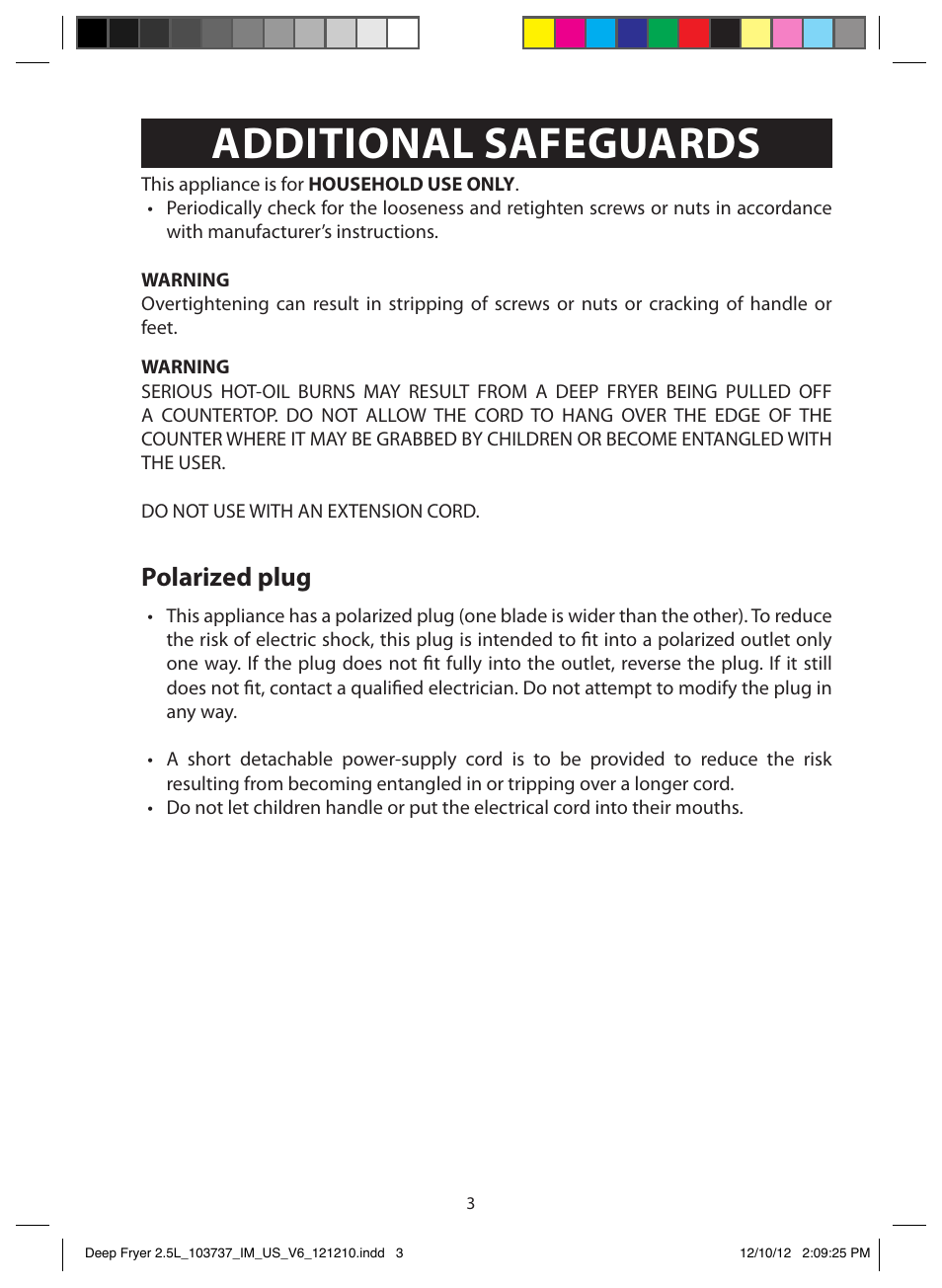 Additional safeguards, Polarized plug | FARBERWARE 103737 2.5L Dual Deep Fryer User Manual | Page 3 / 15