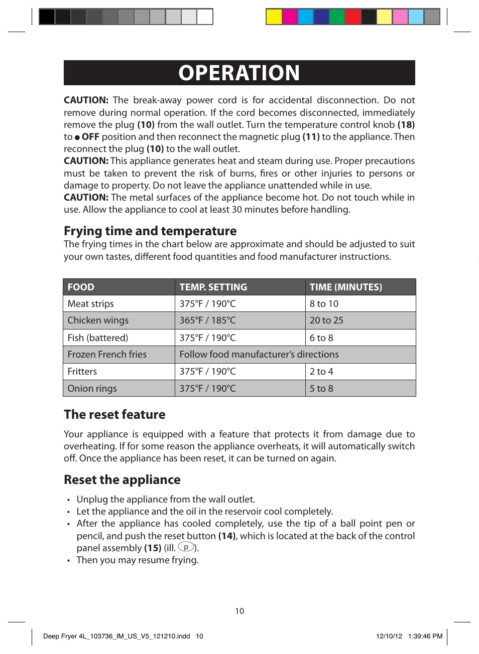 Operation, Hints and tips, Frying time and temperature | The reset feature, Reset the appliance, Choosing the right cooking oil, Cooking with oil, Storing oil | FARBERWARE 103736 4L Dual Deep Fryer User Manual | Page 10 / 15