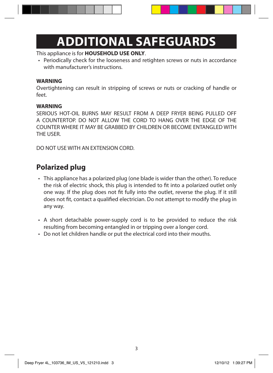 Additional safeguards, Polarized plug | FARBERWARE 103736 4L Dual Deep Fryer User Manual | Page 3 / 15