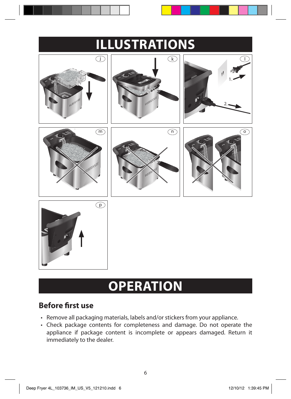 Illustrations, Operation, Before first use | FARBERWARE 103736 4L Dual Deep Fryer User Manual | Page 6 / 15
