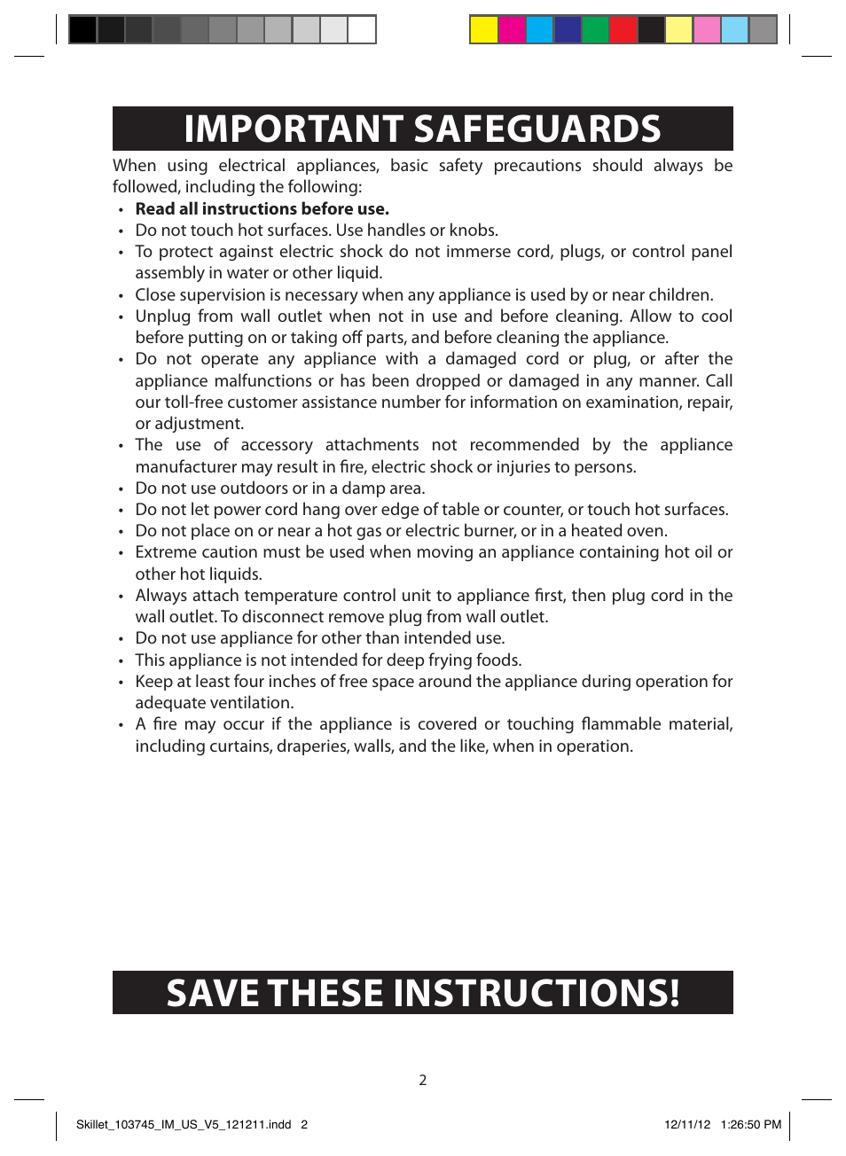 Important safeguards, Save these instructions | FARBERWARE 103745 Non-Stick Electric Skillet User Manual | Page 2 / 11