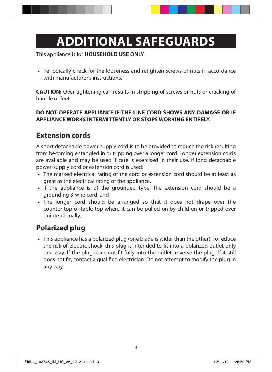 Additional safeguards, Extension cords, Polarized plug | FARBERWARE 103745 Non-Stick Electric Skillet User Manual | Page 3 / 11